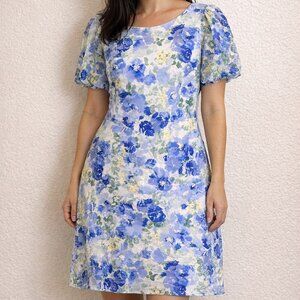 Jessica Howard Womens Floral 12 Dress Short Puff Sleeves Boat Neck Lined 3D NWT